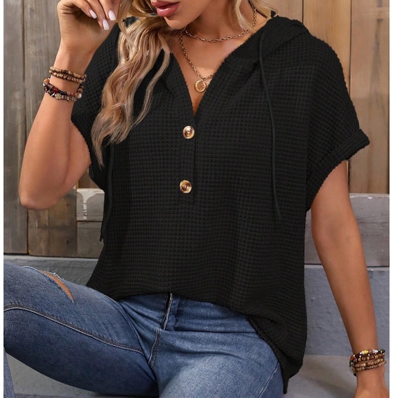 Cozy Waffle Knit Button Hoodie Cuff Sleeve Top - Picture 1 of 3
